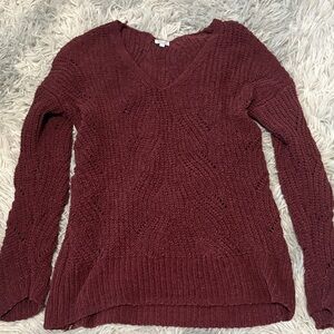 Kismet Open-Knit V-Neck Sweater in Burgundy Small